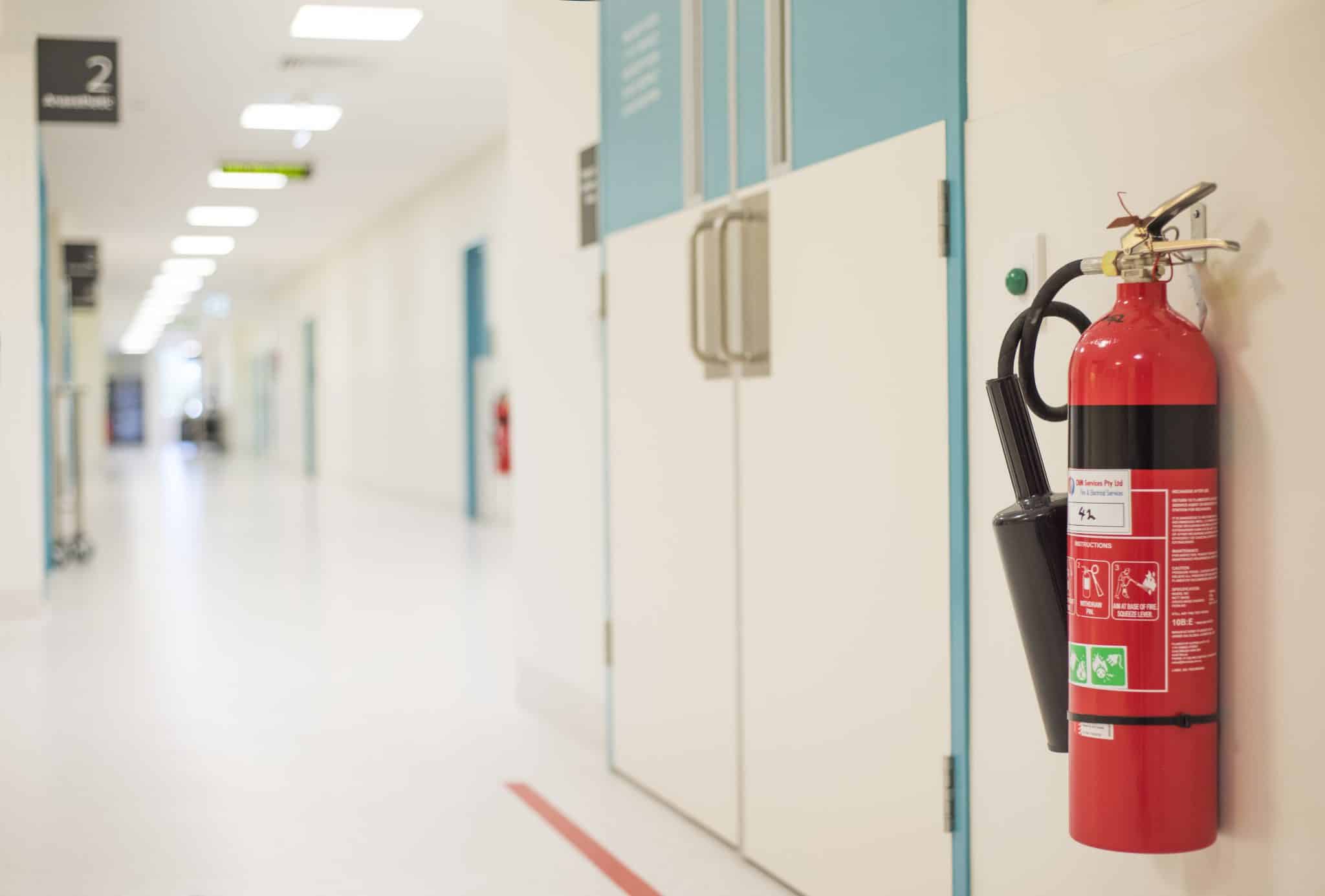 hospital corridor with suitable fire extinguishers throughout from element pfp