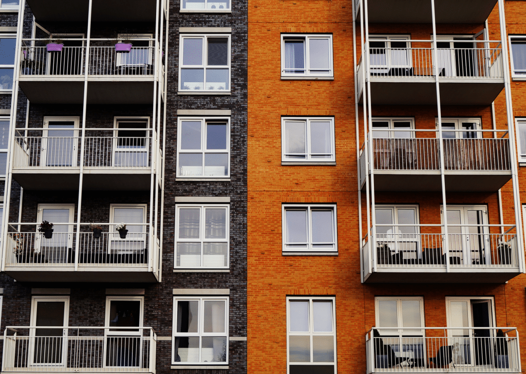 Zoomed in view of a residential block of flats with balcony's