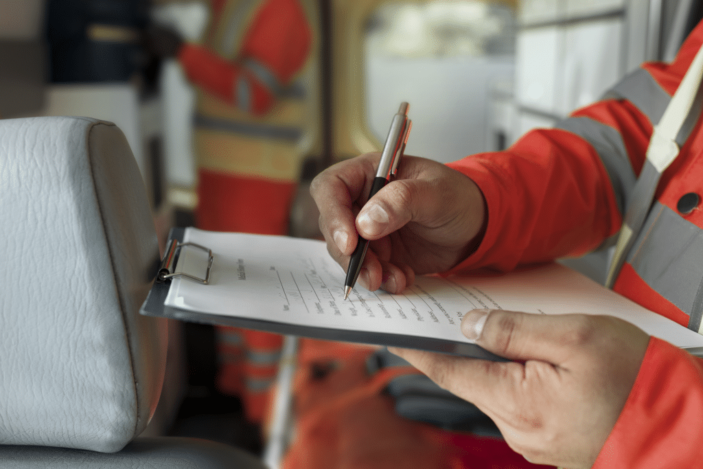 Man in Hivis completing a form on a clipboard