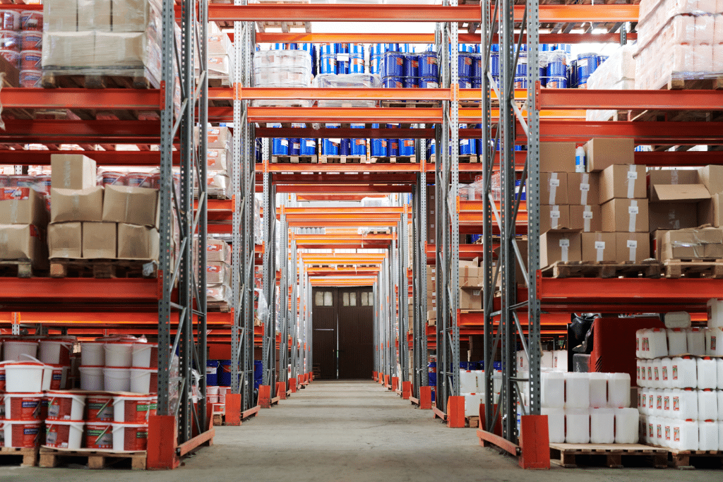 Warehouse with storage shelves filled with boxes