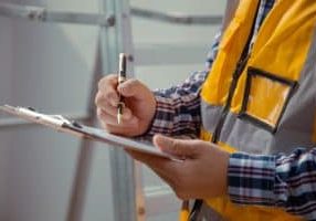 building contractor making notes on fire protection